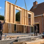 Levage d’un mur à ossature bois préfabriqué sur un chantier d’extension de maison en brique