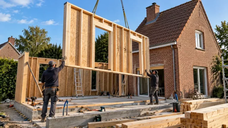 Levage d’un mur à ossature bois préfabriqué sur un chantier d’extension de maison en brique