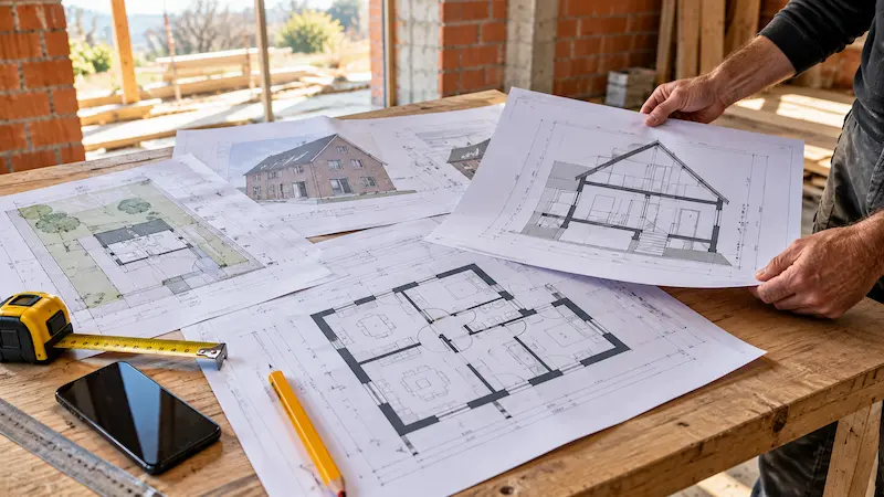 Lire un plan de maison : ce que les traits, les cotes et les symboles disent du futur bâtiment 1 Plans d’architecte d’une maison consultés sur une table de chantier