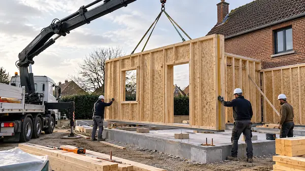 Montage d’une extension à ossature bois avec pose d’un mur préfabriqué à l’aide d’une grue