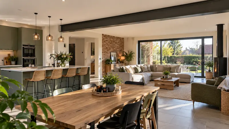 Idée extension maison : les solutions pour agrandir son espace de vie 3 Pièce à vivre ouverte après suppression d’un mur porteur, avec cuisine moderne, salon lumineux et poutre métallique intégrée au plafond.