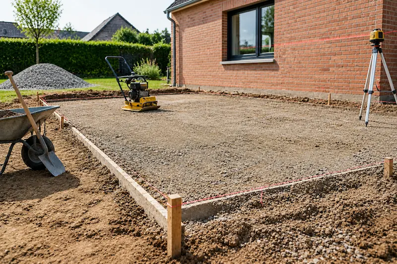 Préparation et nivellement du terrain avant la construction d’une dalle en béton près de Merville