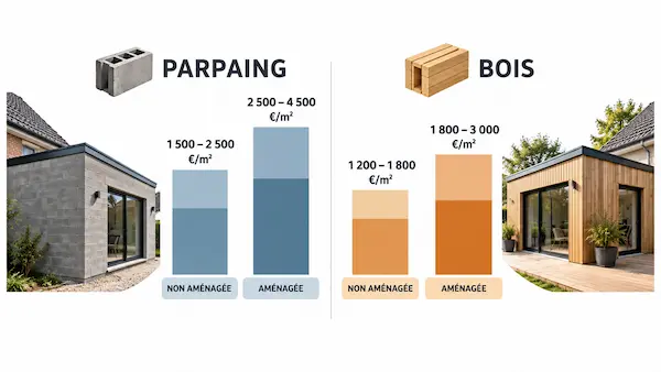 Extension de maison en parpaing : ce que coûte vraiment chaque m² 1 Comparatif des prix au m² d’une extension en parpaing et en ossature bois, aménagée ou non aménagée