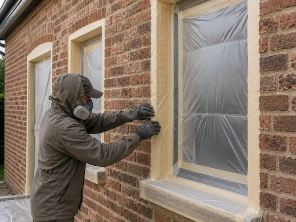 Protection des fenêtres avant le sablage d’une façade en brique près d’Hazebrouck