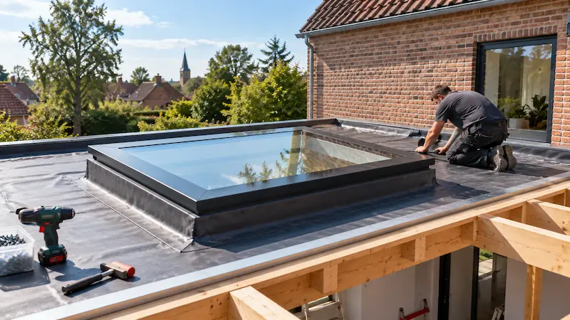 Pose d’un puits de lumière sur le toit plat d’une extension, avec membrane d’étanchéité, structure porteuse en bois et profilés en aluminium.