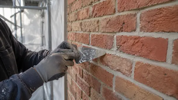 Artisan réalisant la réfection des joints d’une façade en briques rouges avec un mortier de chaux.