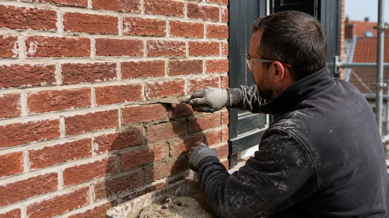 Rénovation de façade 4 Artisan réalisant le rejointoiement d’une façade en brique à Hazebrouck avec application de nouveaux joints de mortier.