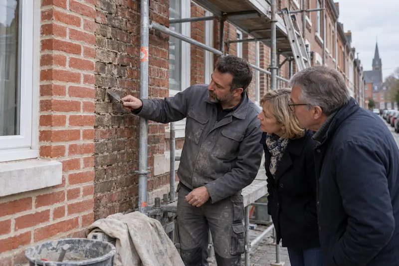 Rénovation de façade 8 Artisan examinant les joints d’une façade en brique avec des propriétaires dans le Nord