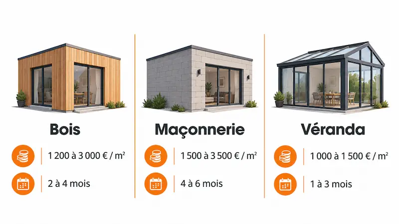 Agrandissement de maison sur le côté : comment s'y prendre ? 1 Comparatif des structures d’extension de maison en bois, maçonnerie et véranda avec prix au m² et durée des travaux
