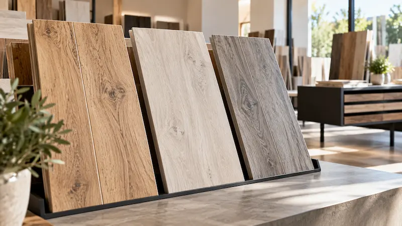 Échantillons de carrelage effet bois en chêne naturel blond, chêne blanchi et gris cendré dans un showroom