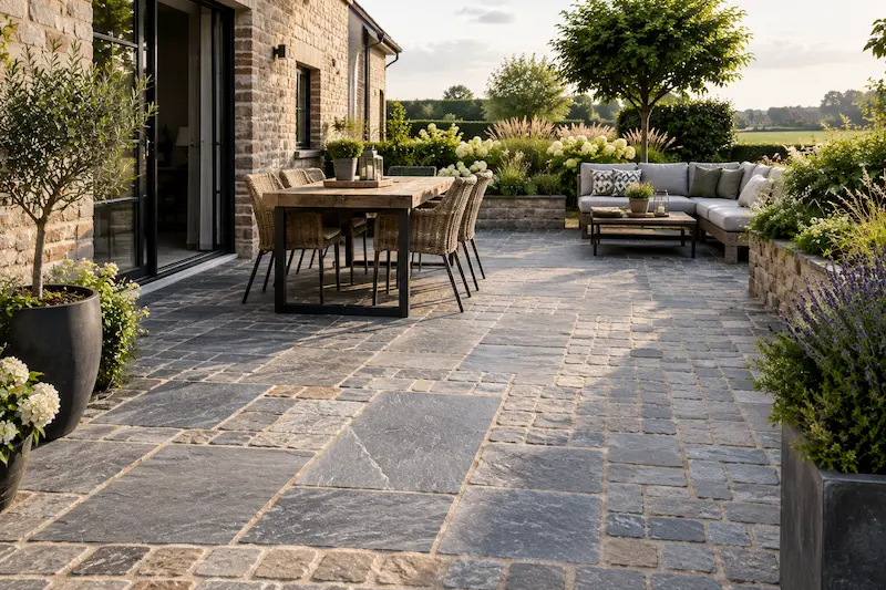 terrasse paves pierre bleue merville