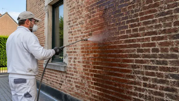 Rénovation de façade 5 Artisan appliquant un traitement hydrofuge sur une façade en brique à Hazebrouck pour la protéger contre l’humidité et les infiltrations.