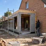 Maçon vérifiant le mur en brique avant la construction d’un agrandissement de maison sur le côté