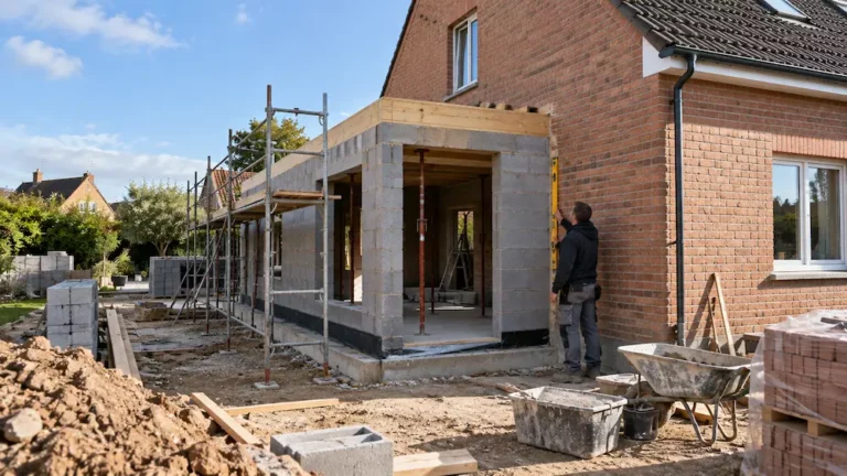 Maçon vérifiant le mur en brique avant la construction d’un agrandissement de maison sur le côté
