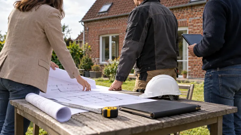 Architecte, maître d’œuvre et constructeur examinant les plans d’une extension devant une maison en brique du Nord.