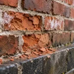 Briques rouges anciennes qui s’effritent avec éclats de terre cuite, joints dégradés et traces d’efflorescence dues à l’humidité.