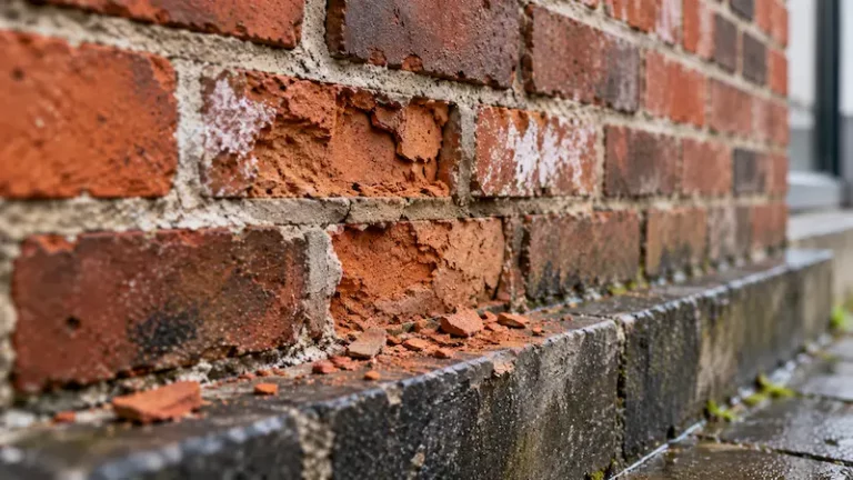 Briques rouges anciennes qui s’effritent avec éclats de terre cuite, joints dégradés et traces d’efflorescence dues à l’humidité.