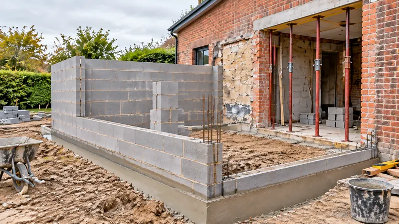 Plan d'une extension de 40 m² : dessiner à partir des murs pour garder la main sur l'autorisation et le budget 4 chantier extension maison fondations parpaings etais