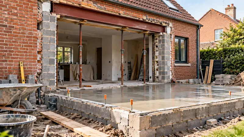 Extension vitrée et verrière : lumière, budget et maçonnerie à prévoir 2 Chantier d'extension sur une maison en brique : façade ouverte sous une poutrelle IPN, étais en place et dalle béton coulée