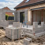 Chantier d’extension de maison en parpaing dans le Nord, avec murs en blocs béton, ouverture dans la façade en brique, bétonnière et palettes de matériaux.