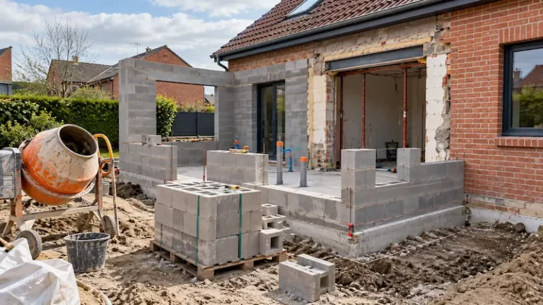 Chantier d’extension de maison en parpaing dans le Nord, avec murs en blocs béton, ouverture dans la façade en brique, bétonnière et palettes de matériaux.
