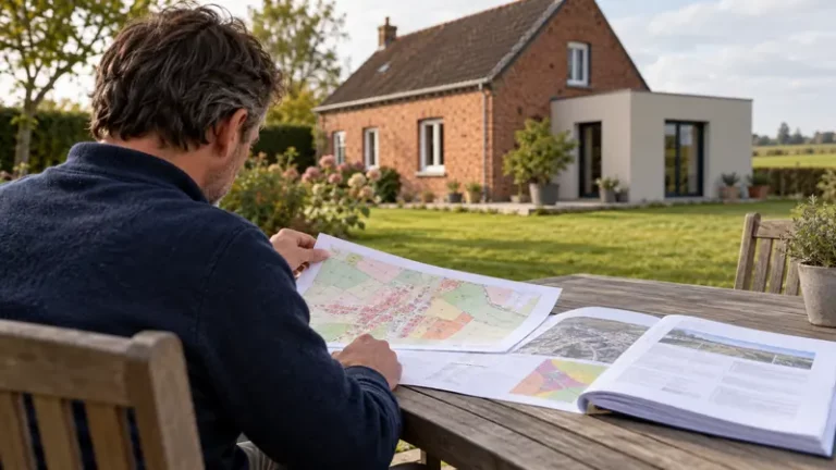 Propriétaire consultant un plan cadastral et le règlement du PLU dans son jardin avant un projet d'extension.