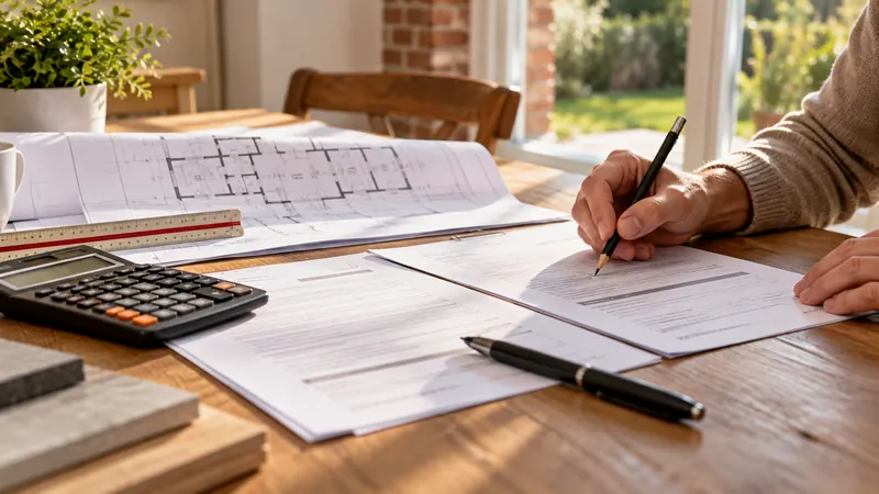 Propriétaire examinant et annotant un contrat de travaux pour une extension de maison, avec plans et calculatrice sur la table.