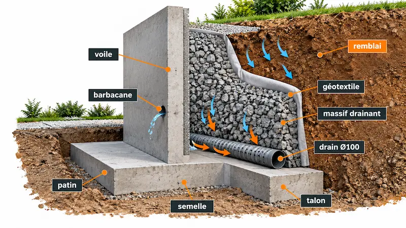 Coupe d’un mur de soutènement en L montrant le drain, le massif drainant, le géotextile et la barbacane