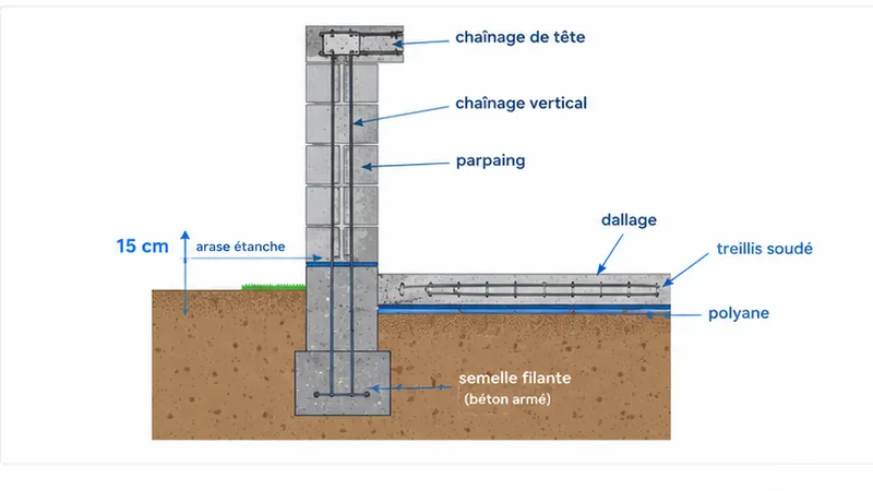Plan d'un garage de 20 m² en parpaing : dessiner à partir du dossier à déposer 3 Coupe technique d'un mur de garage en parpaings avec semelle filante, arase étanche, chaînages et dallage.