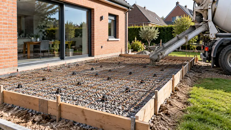 Dalle de terrasse prête à couler avec hérisson, coffrage et treillis soudé