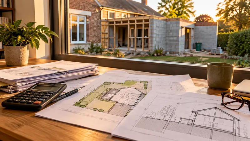 Plan d'une extension de 40 m² : dessiner à partir des murs pour garder la main sur l'autorisation et le budget 5 Dossier d'urbanisme ouvert sur un bureau avec plan de masse, coupe architecturale, devis et calculatrice, devant une fenêtre donnant sur une extension de maison en construction.