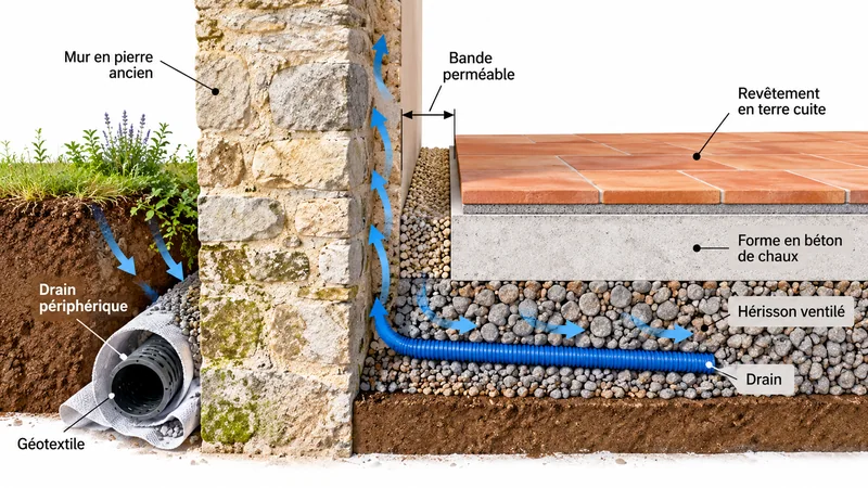 Extension sur une maison en pierre : ce que le vieux mur exige du neuf 1 Schéma du drainage au pied d’un mur ancien en pierre avec hérisson ventilé, dalle en béton de chaux, bande perméable et drain périphérique.