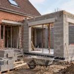 Extension de maison de 20 m² en parpaings en cours de construction avec ouverture créée dans le mur en brique existant