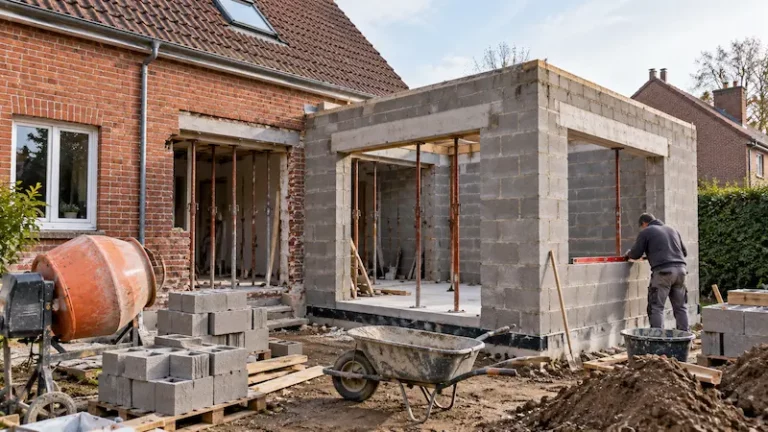 Extension de maison de 20 m² en parpaings en cours de construction avec ouverture créée dans le mur en brique existant