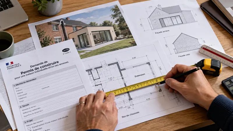 Extension de maison de 50 m² : ce que coûte vraiment chaque poste, de la dalle à la taxe 2 Plans d’extension de maison et formulaire cerfa de permis de construire posés sur un bureau, mains mesurant une cote au mètre ruban