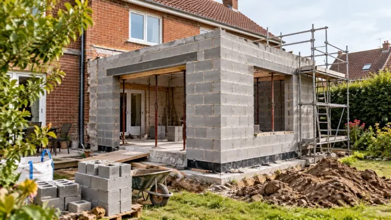 Extension de maison en parpaings en cours de construction contre une habitation ancienne en brique rouge dans le Nord de la France.