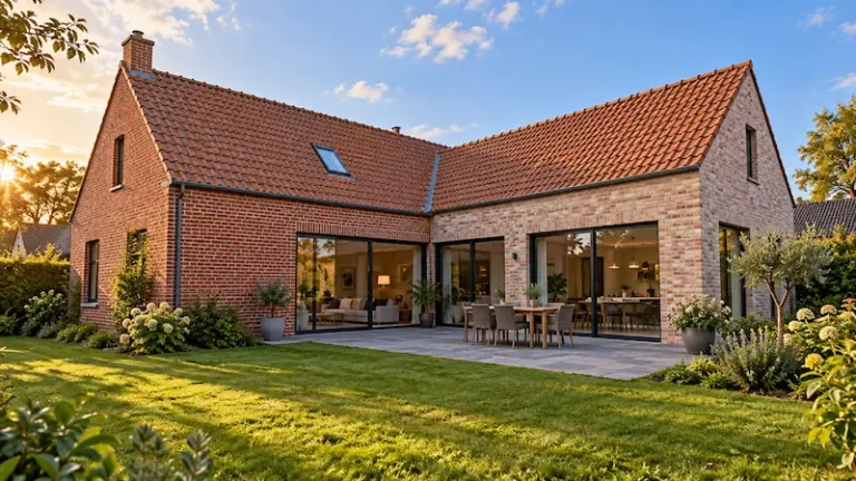 Extension de maison en L dans le Nord, avec façades en briques rouges, toiture en tuiles, grandes baies vitrées et terrasse en pierre bleue donnant sur le jardin.