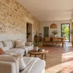 Extension sur une maison en pierre : ce que le vieux mur exige du neuf Pièce de vie lumineuse dans une extension contemporaine avec ancienne façade en pierre apparente, sol en terre cuite et baie vitrée donnant sur le jardin.
