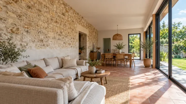 Pièce de vie lumineuse dans une extension contemporaine avec ancienne façade en pierre apparente, sol en terre cuite et baie vitrée donnant sur le jardin.