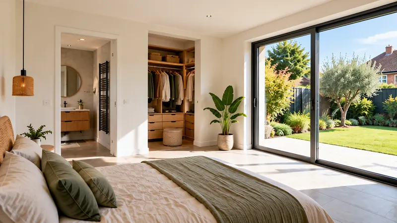 Plan d'une extension de 40 m² : dessiner à partir des murs pour garder la main sur l'autorisation et le budget 3 Suite parentale lumineuse dans une extension de maison de plain-pied, avec baie vitrée donnant sur le jardin, dressing intégré et salle d'eau attenante.