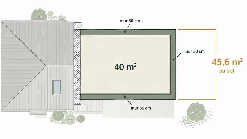 Plan d'une extension de 40 m² : dessiner à partir des murs pour garder la main sur l'autorisation et le budget 1 Schéma d'une extension de maison de 40 m² intérieurs avec trois murs de 30 cm, illustrant la différence avec les 45,6 m² d'emprise au sol.