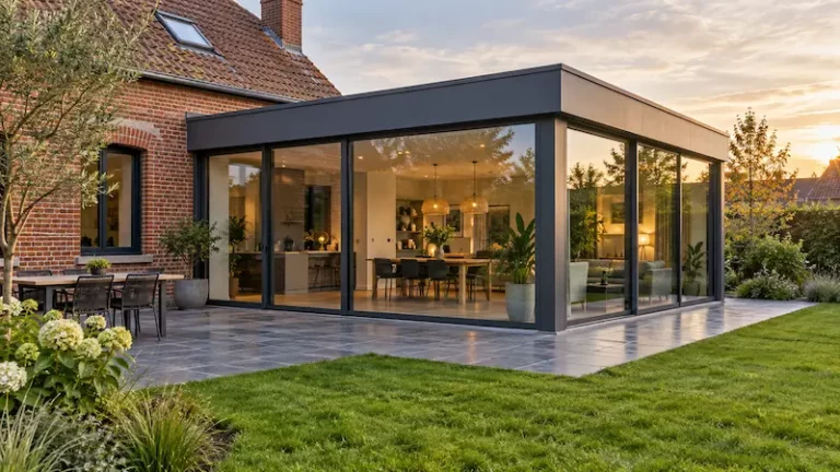 Extension vitrée de plain-pied à toit plat et baies aluminium, accolée à une maison en briques rouges, ouverte sur un jardin