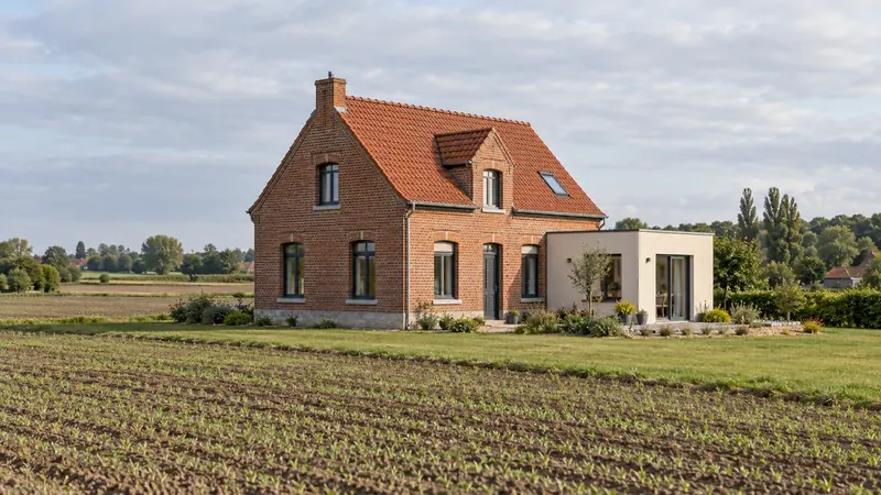 Maison en brique rouge avec extension contemporaine en zone agricole dans le Nord de la France.