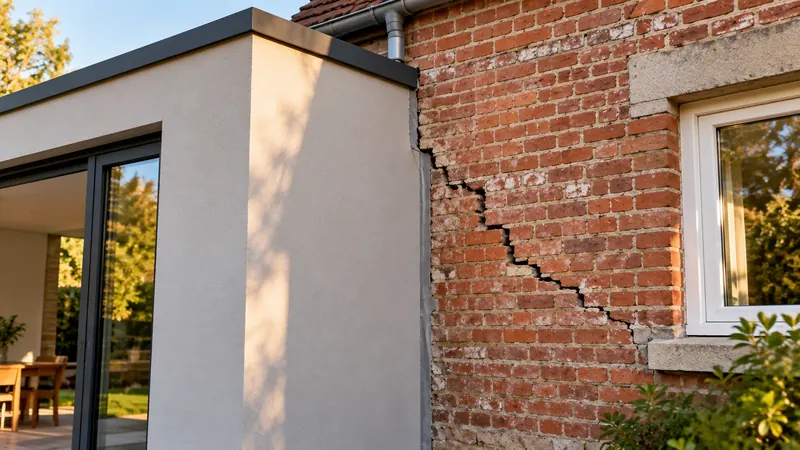 Fissure en escalier dans le mur en brique d’une maison ancienne au niveau du raccordement avec une extension récente, illustrant les risques de dommages à l’existant.