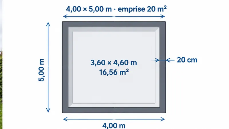 Plan d'un garage de 20 m² en parpaing : dessiner à partir du dossier à déposer 1 Plan d'un garage de 4 × 5 mètres avec murs de 20 cm et surface intérieure de 16,56 m².