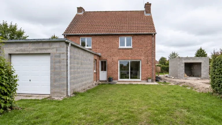 Maison en brique rouge avec garage accolé et garage indépendant en parpaings en construction.