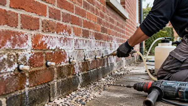 Injection de résine hydrophobe dans un mur en briques pour traiter les remontées capillaires