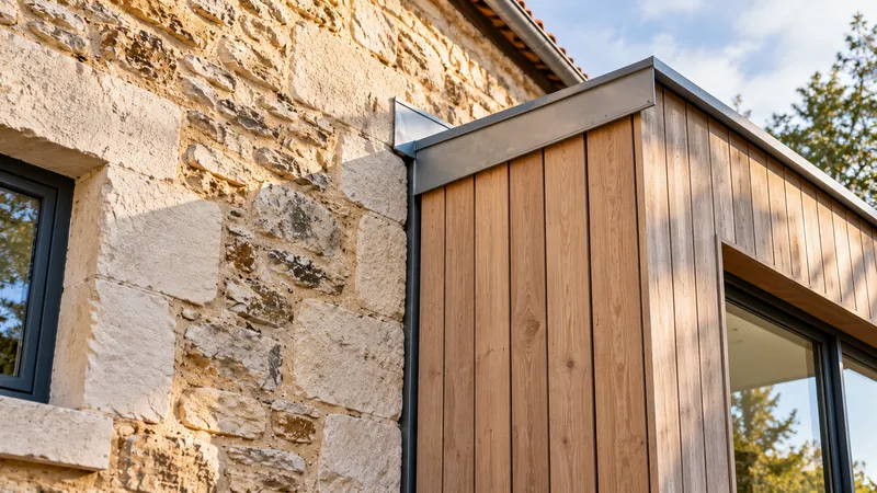 Extension sur une maison en pierre : ce que le vieux mur exige du neuf 2 Détail du joint de rupture vertical entre le mur ancien en pierre et une extension contemporaine en bardage bois, avec raccord en zinc.