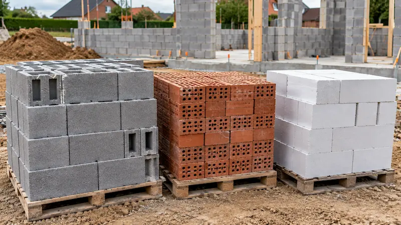 Palettes de parpaings, de briques et de blocs de béton cellulaire sur un chantier de maçonnerie