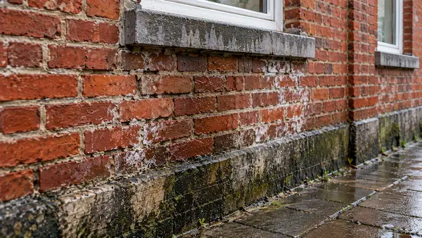Bas de façade en brique rouge ancienne avec traces d’humidité, joints dégradés et efflorescences après la pluie.
